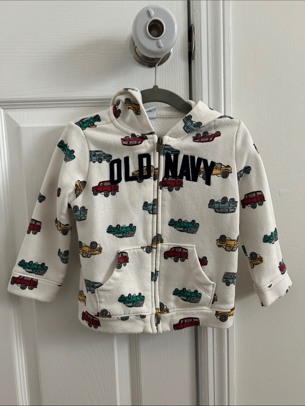 Old Navy Cream Hoodie with Red, Green, Yellow and Blue Cars